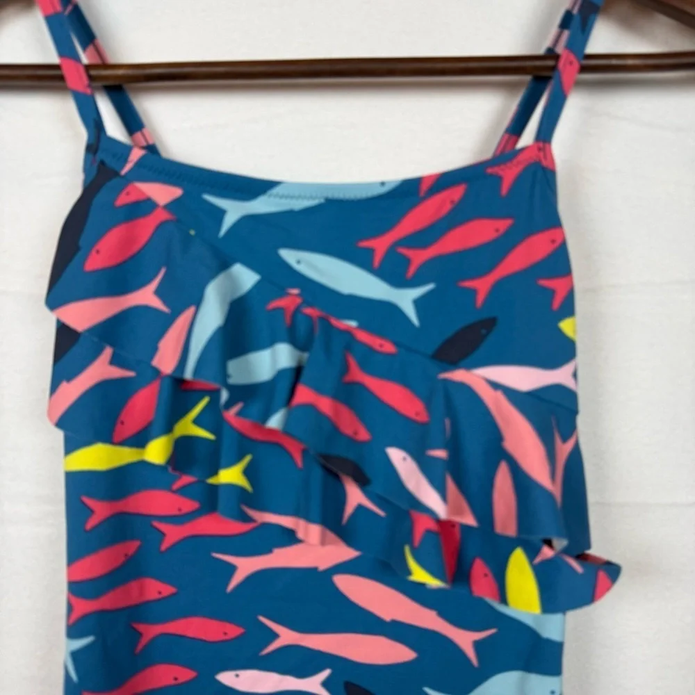 Garnet Hill Girls Size 12 Ruffle One-Piece Swimsuit Teal Fish Print Swimwear